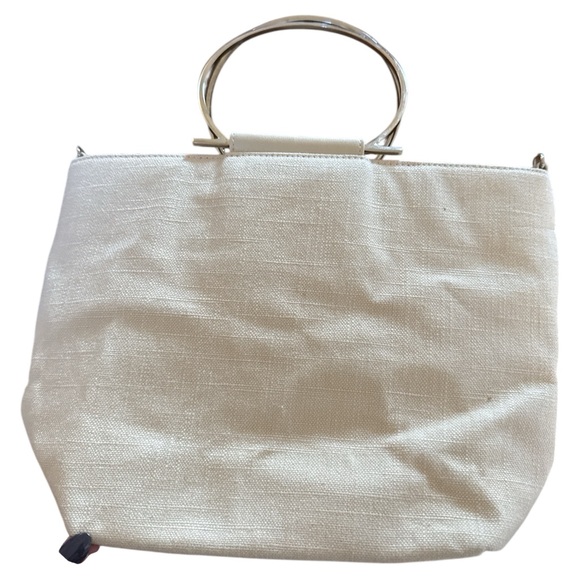 Bueno Embroidered Canvas Tropical Flamingo Silver Metal Top Handle Tote Purse - Picture 3 of 8